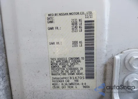 2012 Nissan Maxima 3.5 Sv из США, поврежденный, VIN 1N4AA5AP4CC814705